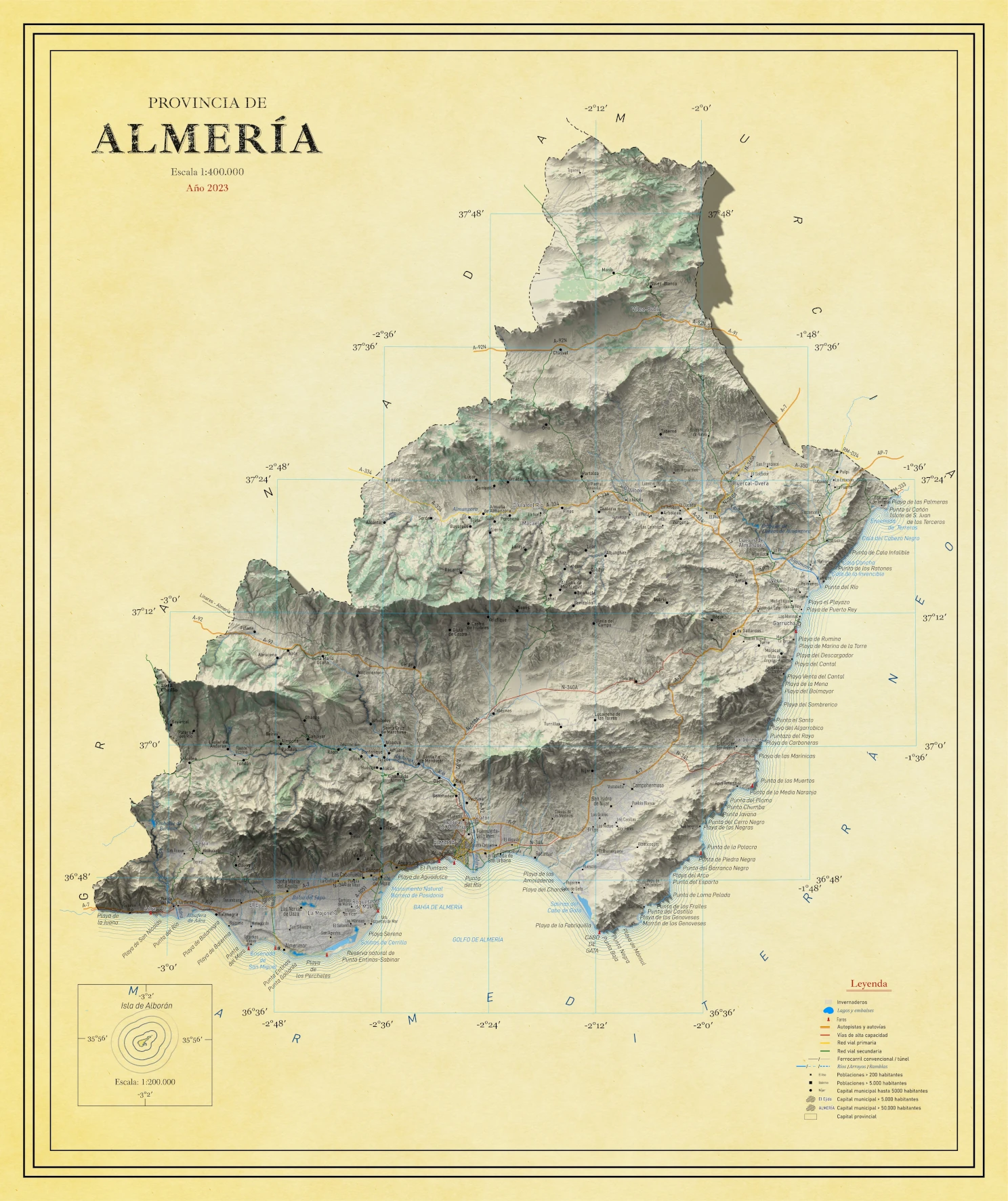 Moderno mapa antiguo en relieve de Almería