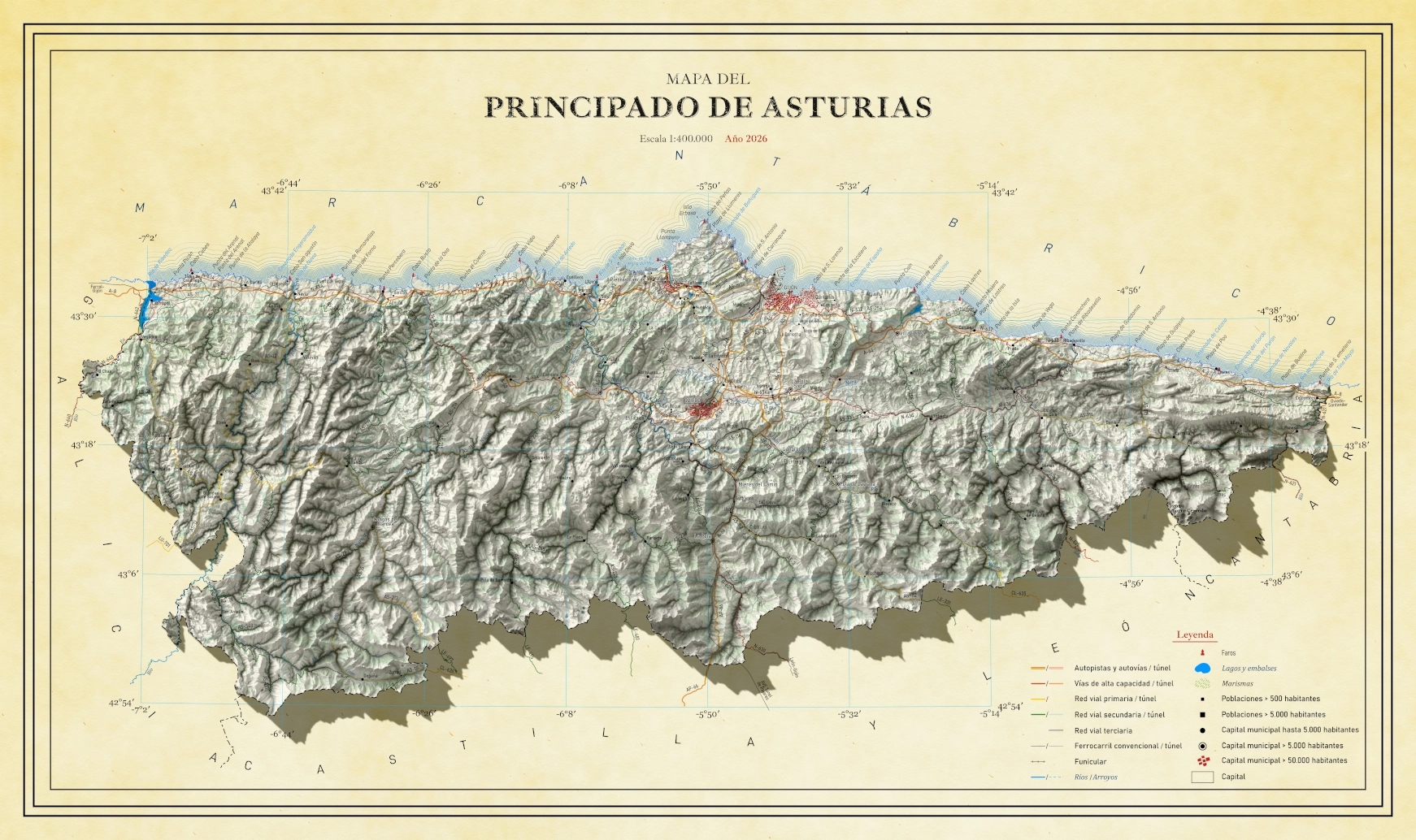 Moderno mapa antiguo en relieve de Asturias