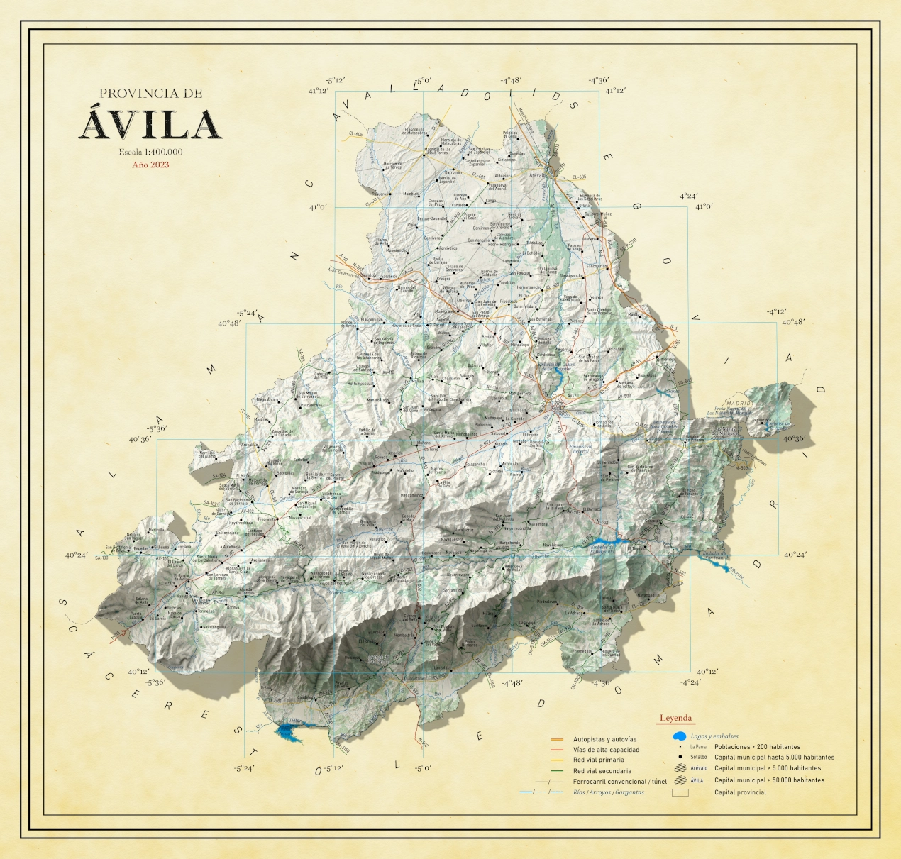 Moderno mapa antiguo en relieve de Ávila