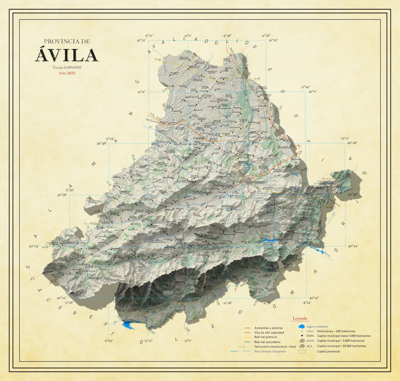 Moderno mapa antiguo en relieve de Ávila