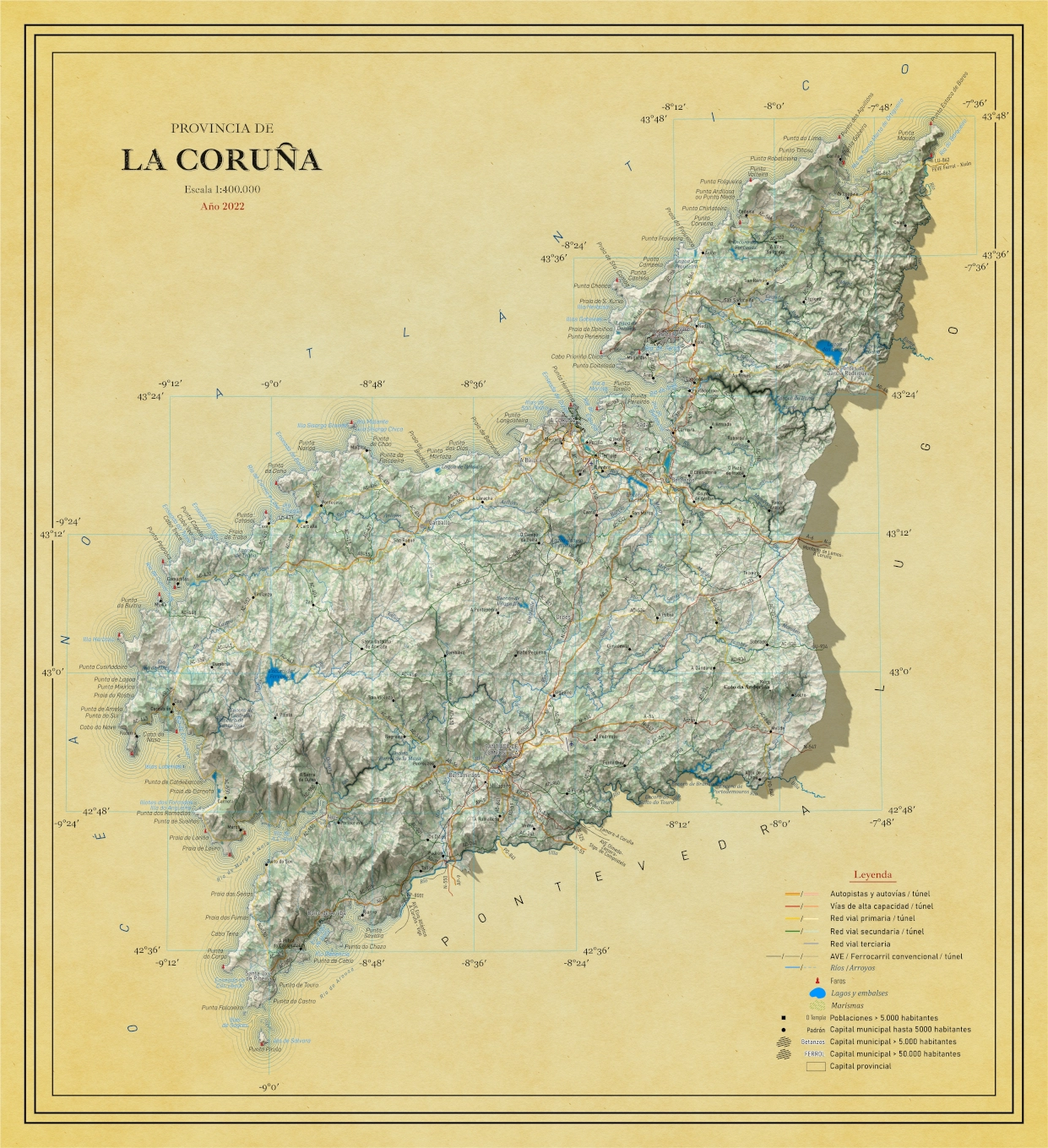 Moderno mapa antiguo en relieve de A Coruña