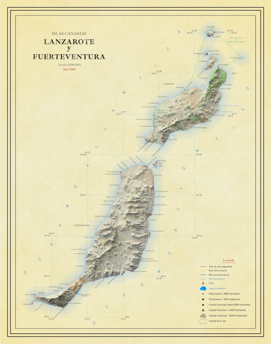 Moderno mapa antiguo en relieve de Lanzarote y Fuerteventura