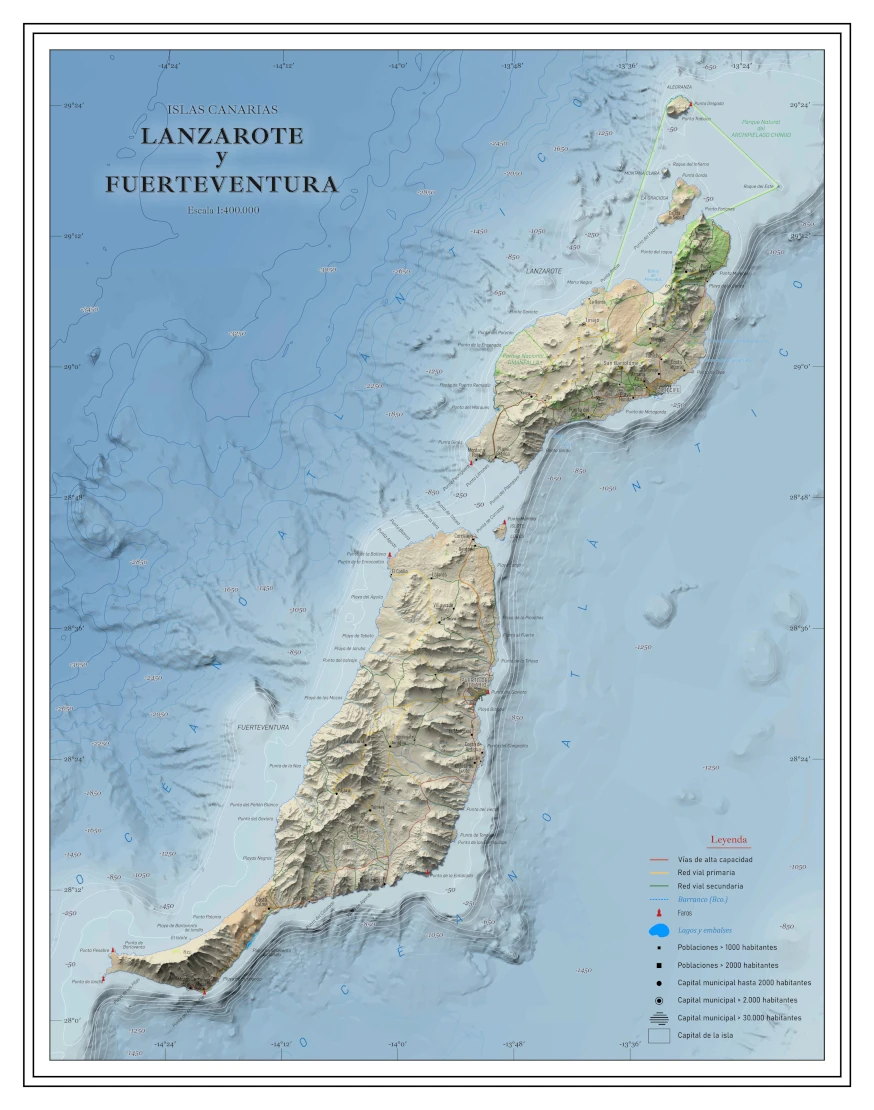 Moderno mapa antiguo en relieve de Lanzarote y Fuerteventura