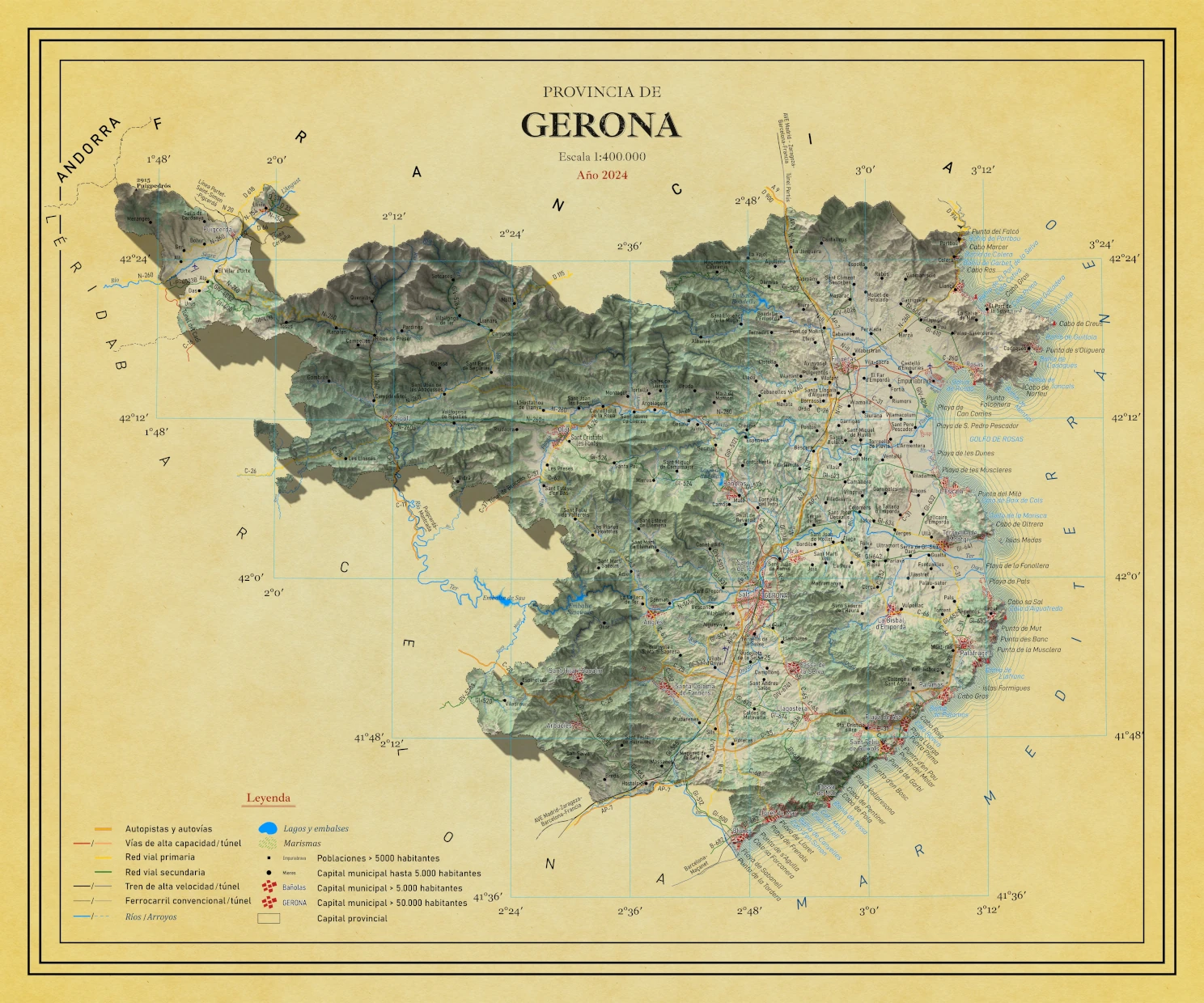 Moderno mapa antiguo en relieve de Gerona