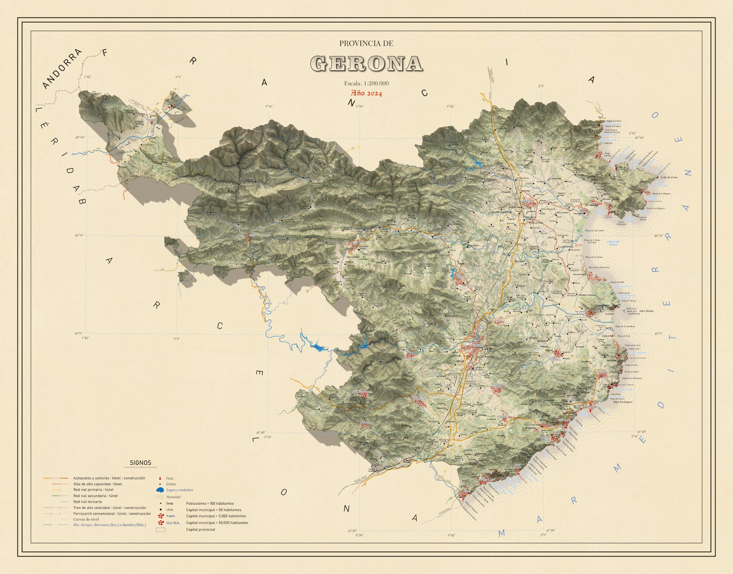 Moderno mapa antiguo en relieve de Gerona