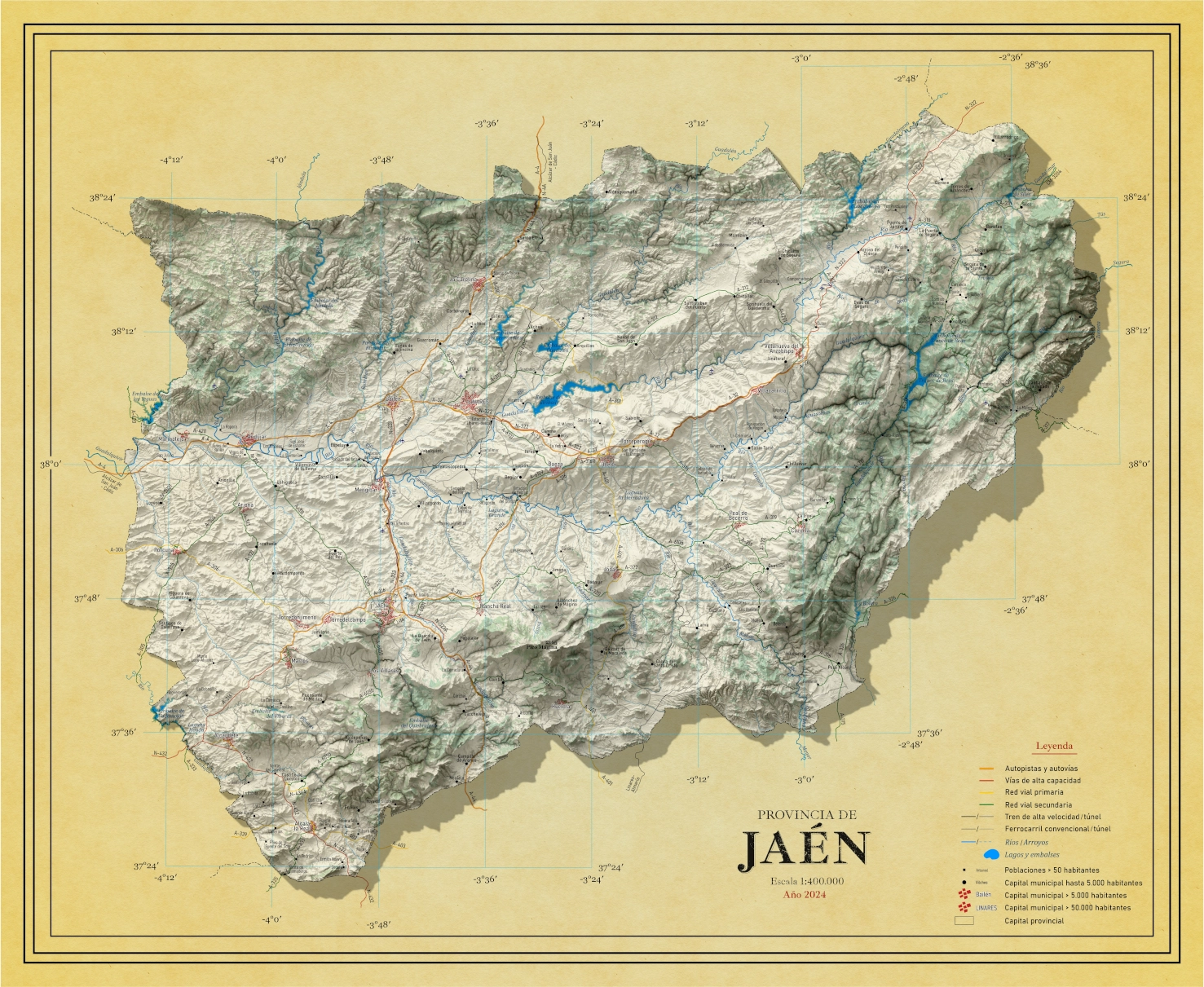 Moderno mapa antiguo en relieve de Jaen