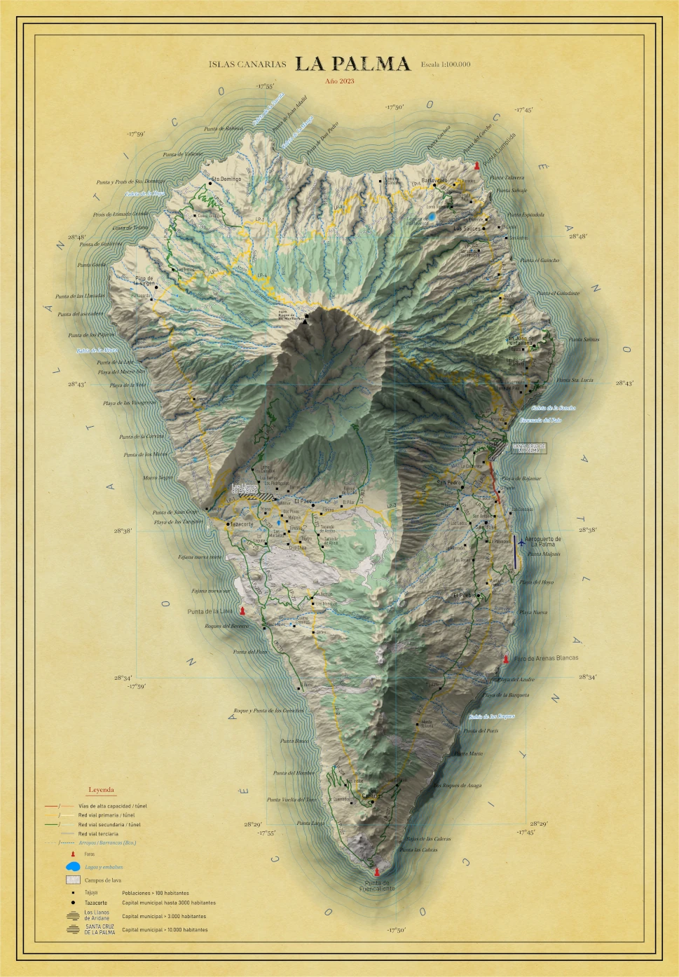 Moderno mapa antiguo en relieve de La Palma