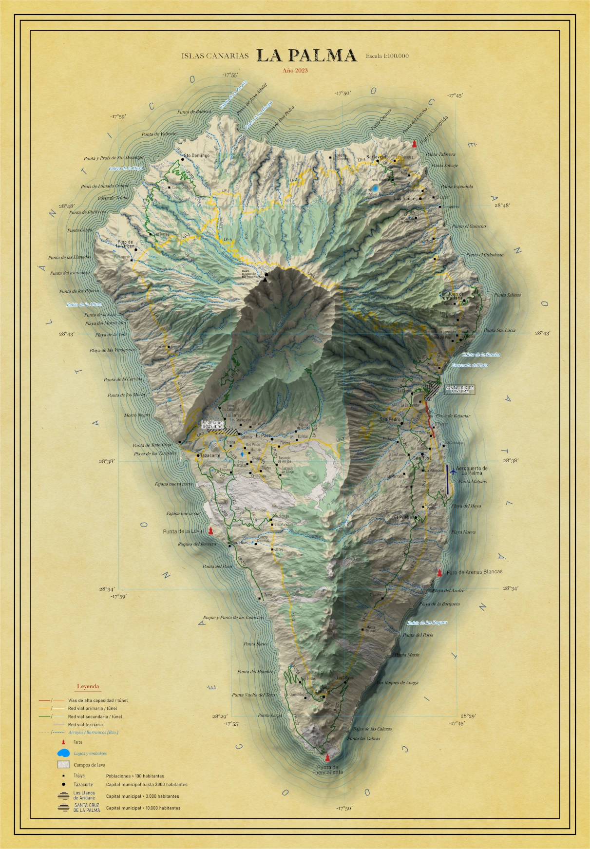 Moderno mapa antiguo en relieve de La Palma