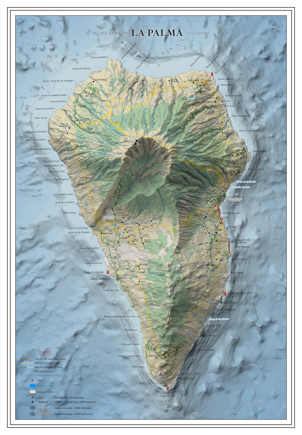 Moderno mapa antiguo en relieve de La Palma