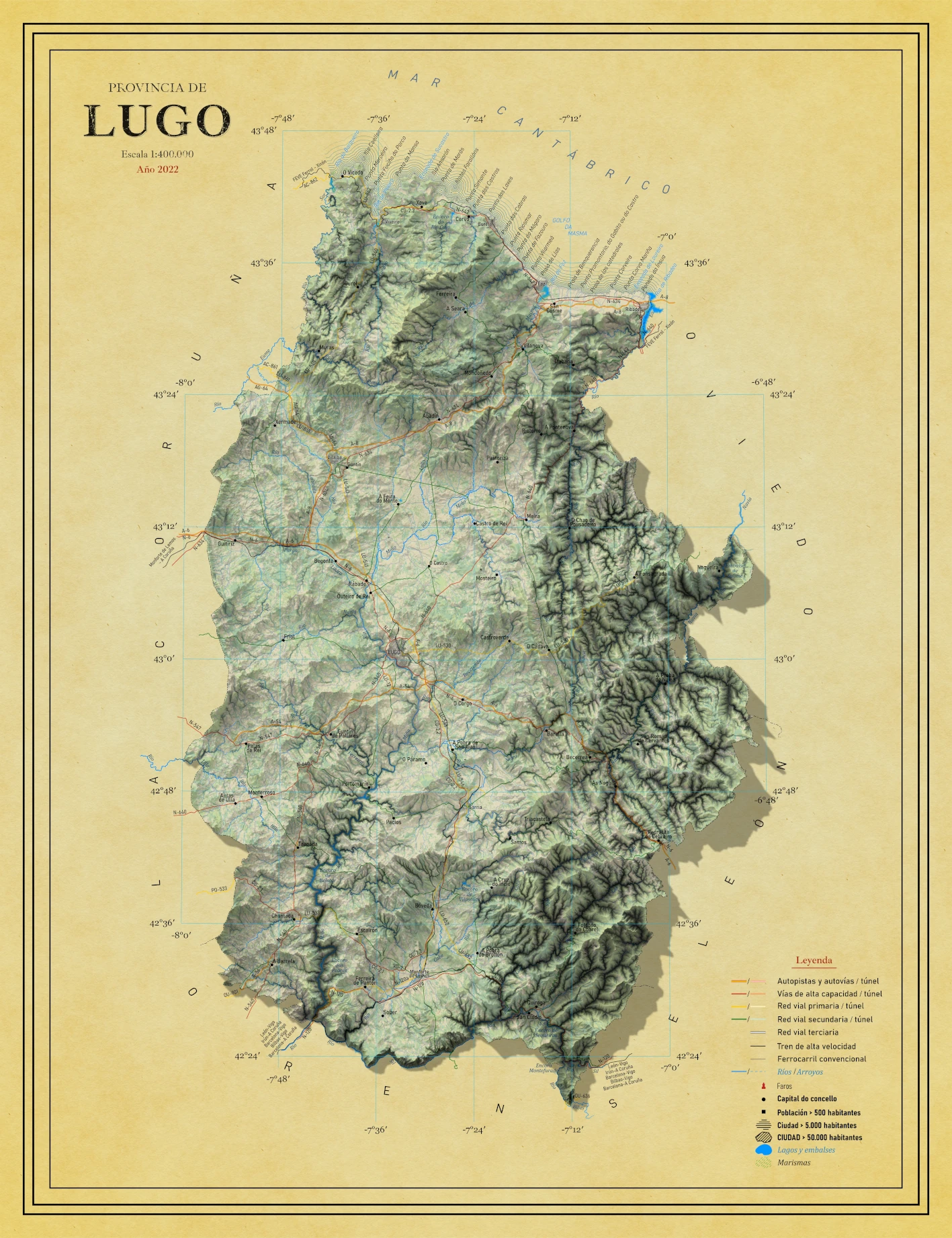 Moderno mapa antiguo en relieve de Lugo