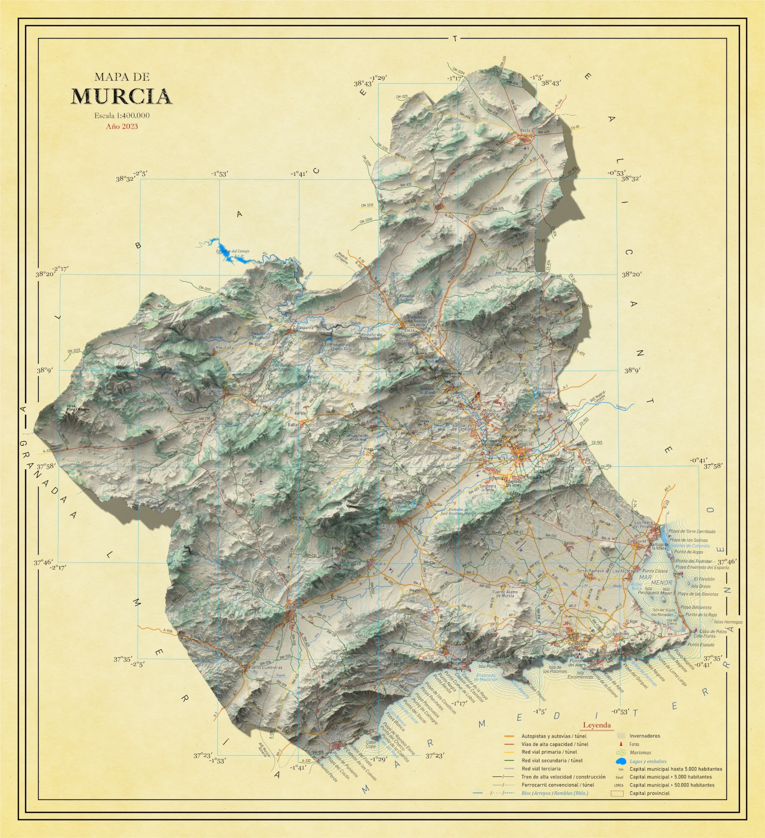 Moderno mapa antiguo en relieve de Murcia