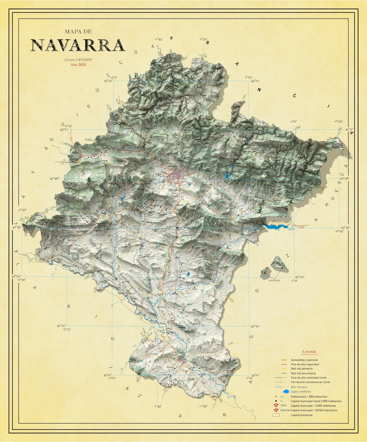 Moderno mapa antiguo en relieve de Navarra