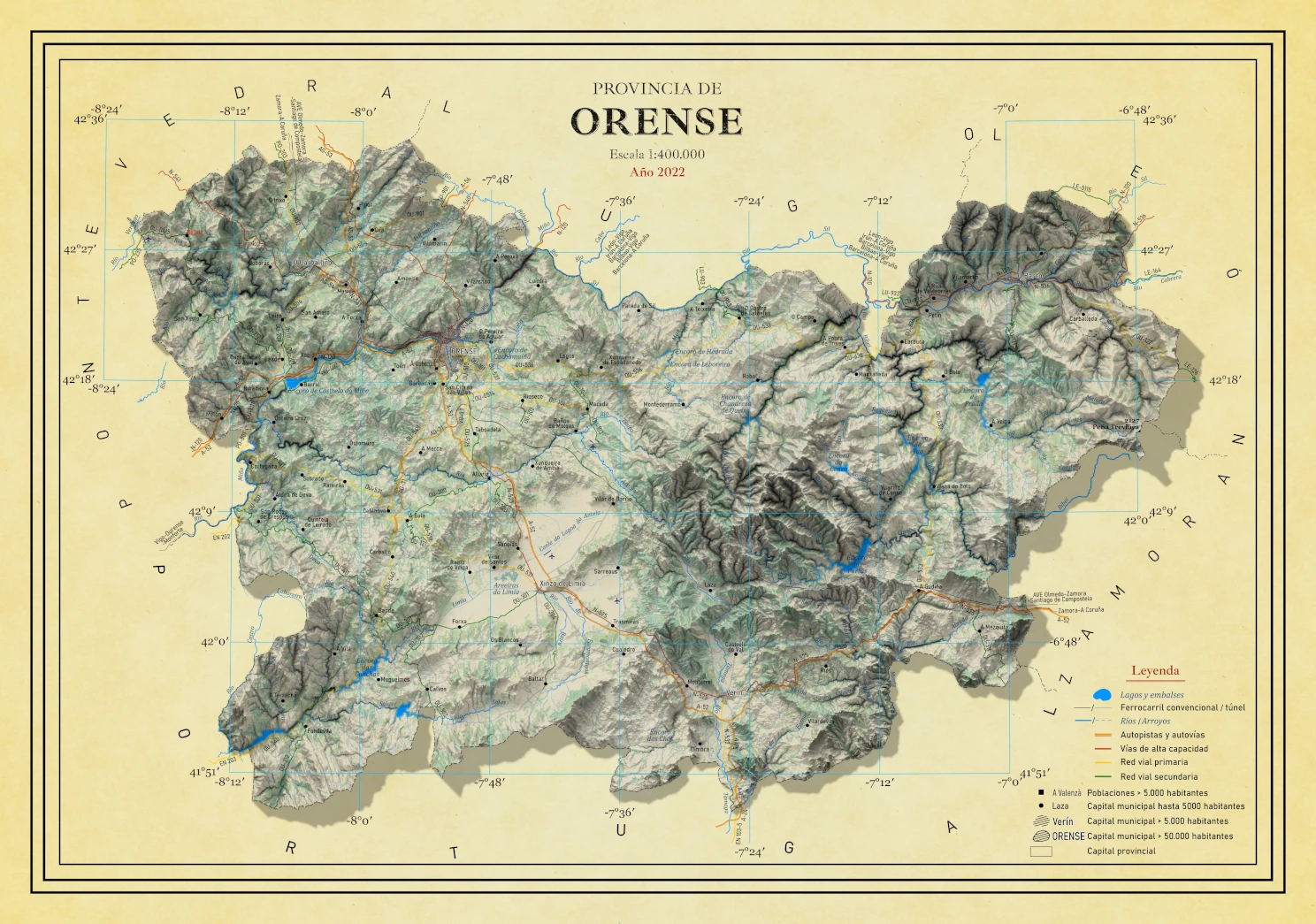 Moderno mapa antiguo en relieve de Ourense