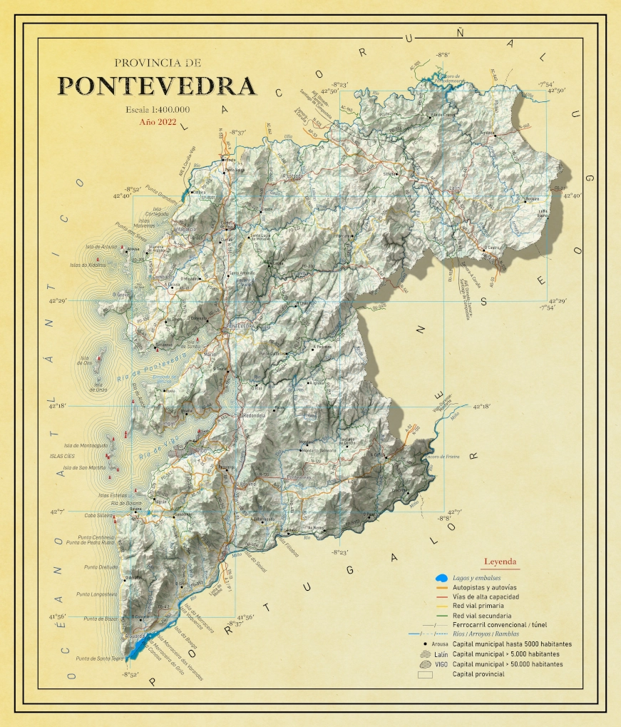 Moderno mapa antiguo en relieve de Pontevedra