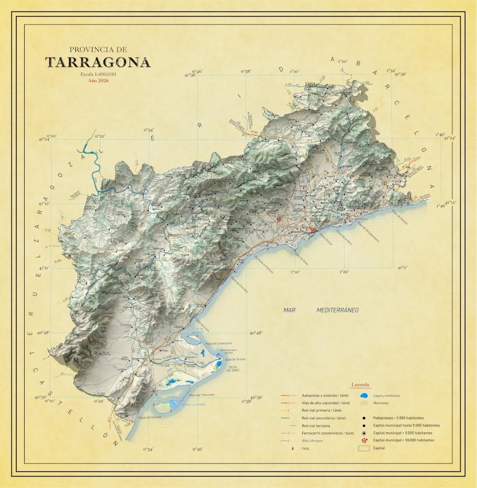 Moderno mapa antiguo en relieve de Tarragona